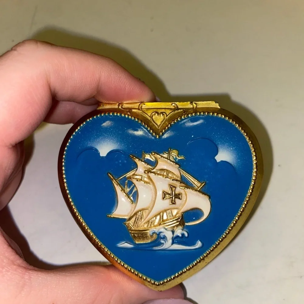 Sailing Ship Heart shape Trinket Box  Blue and Silver with Red Lining Vintage